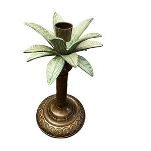 Vintage Palm Tree Brass Metal Candlestick Holder, Made in India, 9" Tall